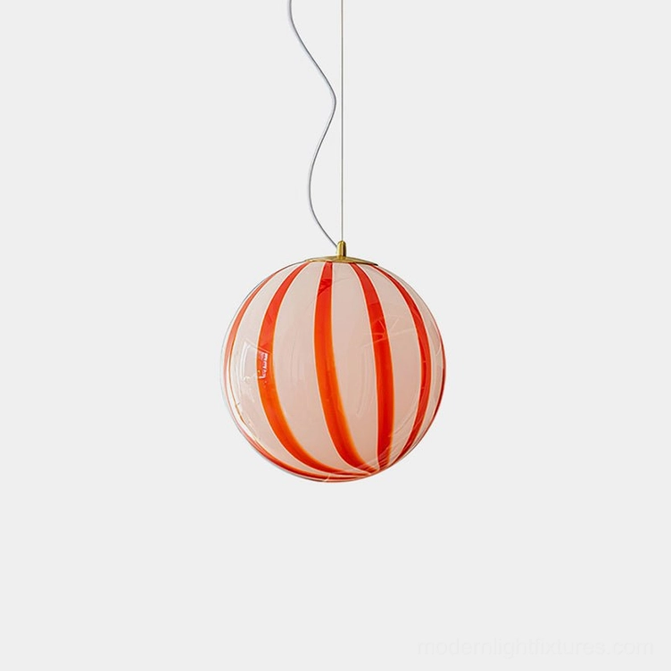 Red striped spherical pendant light with frosted glass shade and gold metal hardware, front view on white background