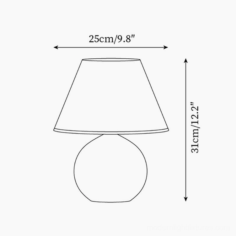 Dimension specifications sketch for red spherical table lamp, 25cm diameter x 31cm height technical drawing