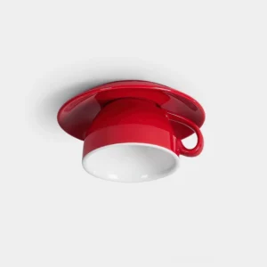 Red teacup ceiling light fixture - modern ceramic pendant lamp overhead view