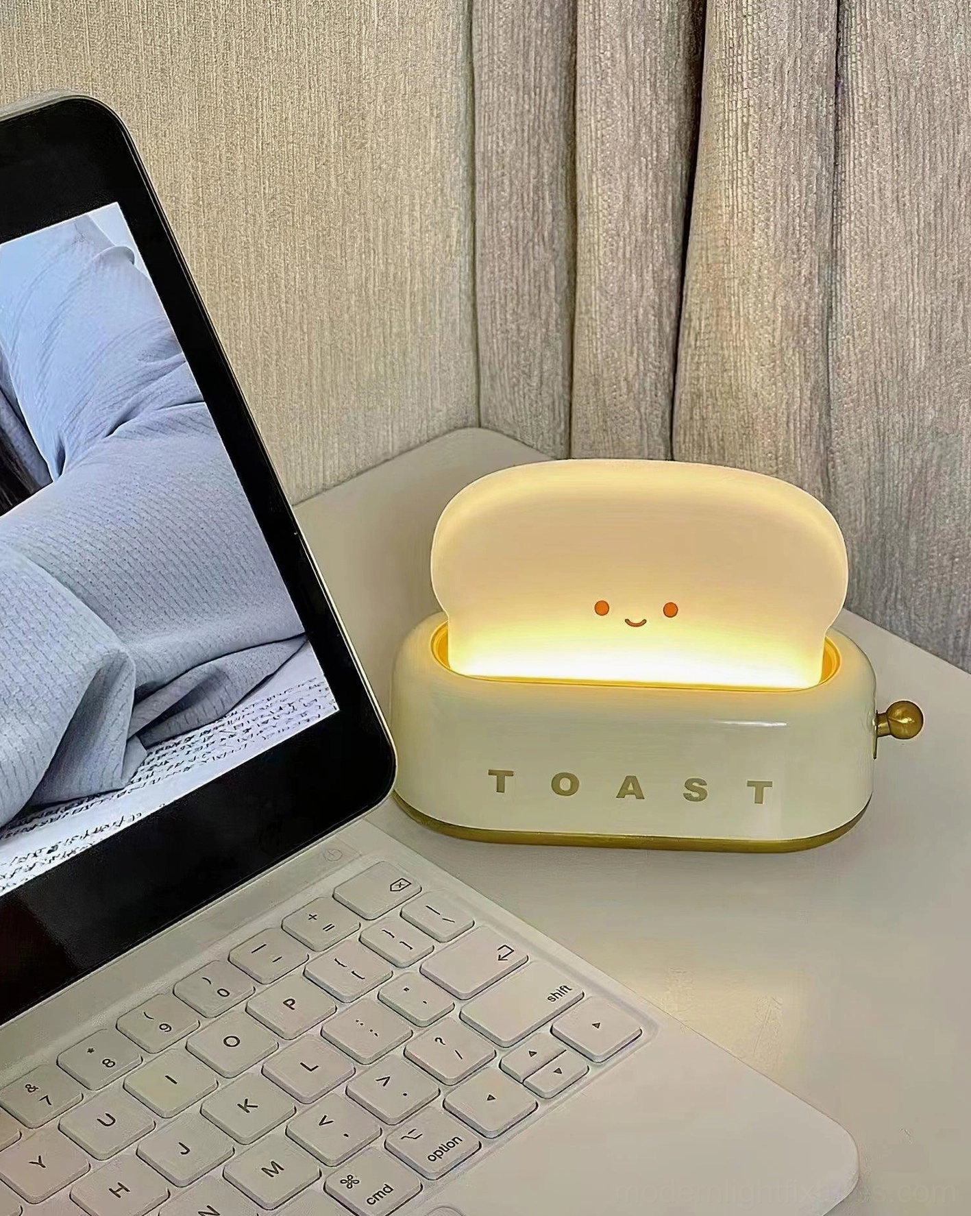 Red toaster table lamp adding playful personality to contemporary home interior design
