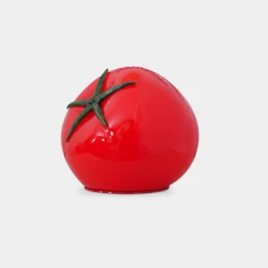 Tomato glass table lamp with glossy red finish and green stem on white background - modern decorative LED desk light