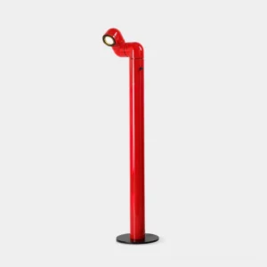 Red tubular floor lamp with adjustable swivel head and black circular base, three-quarter view showcasing glossy finish and modern industrial design