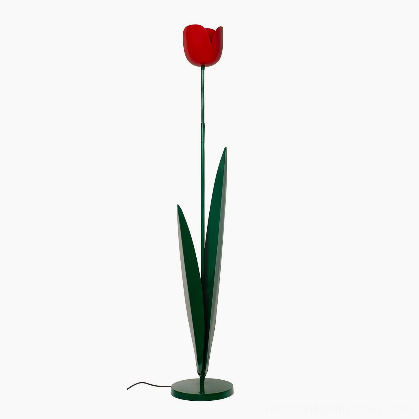 Red bloom tulip floor lamp with green metal stem and weighted base detail shot – painted iron botanical floor lighting close-up