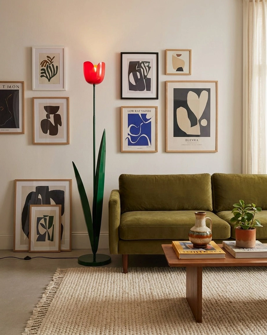 Illuminated red tulip floor lamp in retro living room with green sofa, coffee table and gallery wall – botanical statement floor light