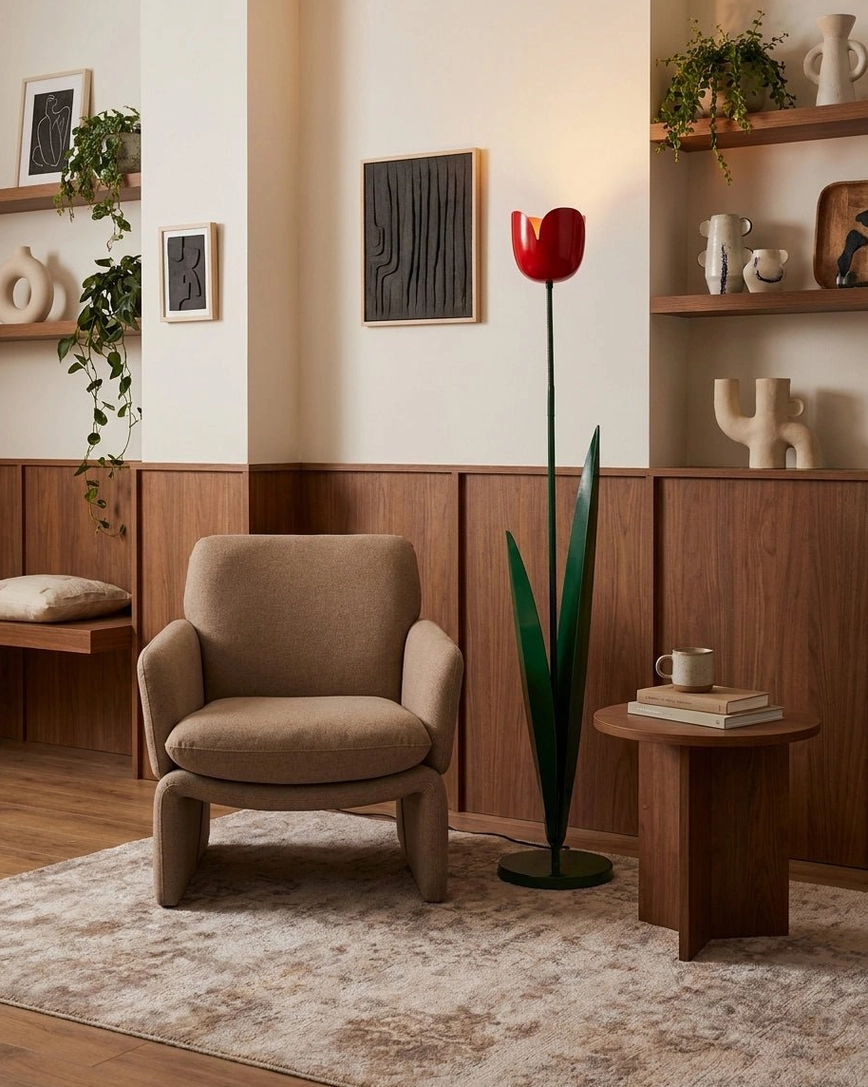 Glowing red tulip floor lamp in warm wood-paneled living room with armchair and side table – botanical floor lighting in contemporary home