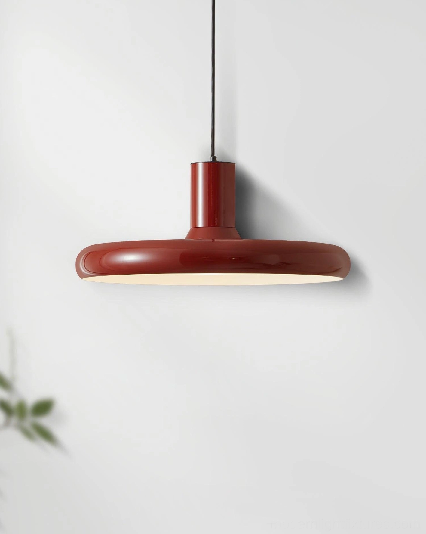 Red disc pendant light modern UFO design minimalist geometric form detail