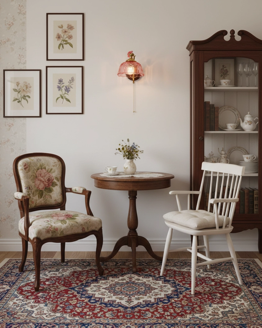 Red wall sconce with brass frame mounted in vintage dining area with classic furniture