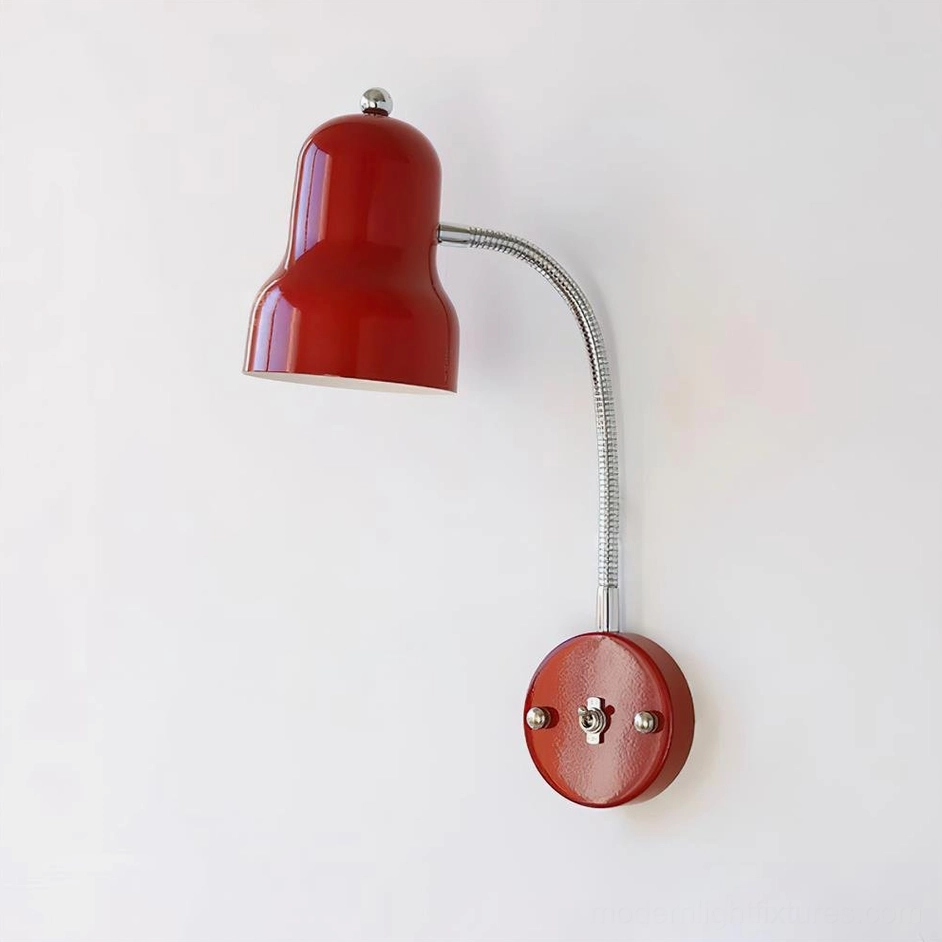 Red industrial gooseneck wall sconce with chrome circular wall plate, overhead front view