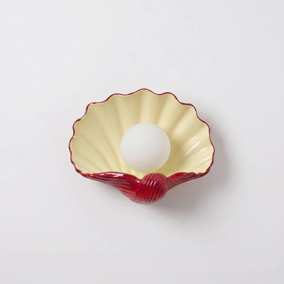 Red and white ceramic scallop wall lamp, two-tone sculptural design, bold coastal wall sconce fixture