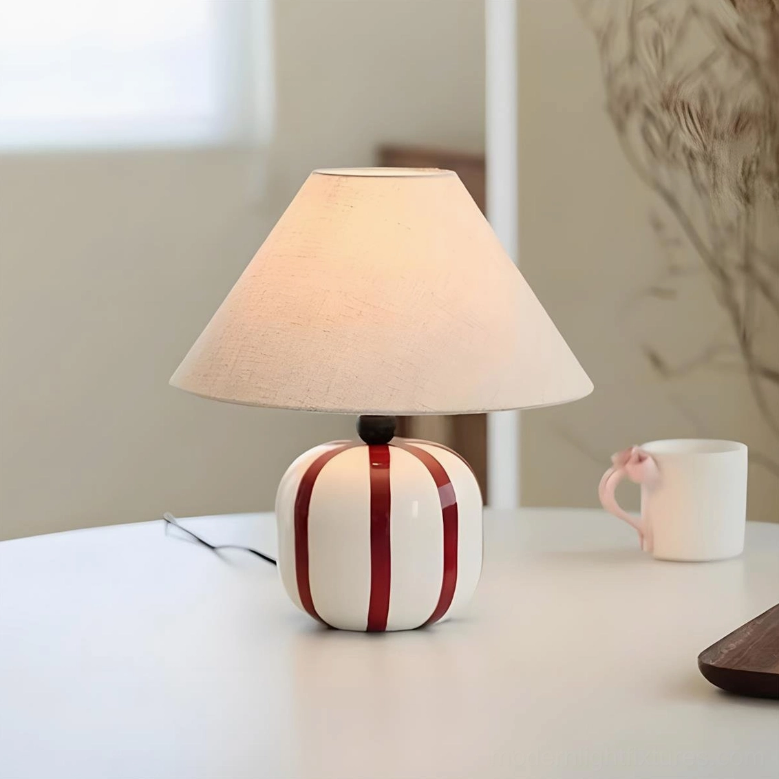 Red white striped ceramic table lamp multiple angle views product showcase