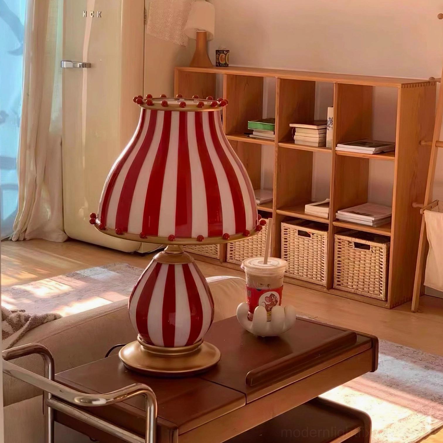 Red and white patterned table lamp carnival theme home lighting solution