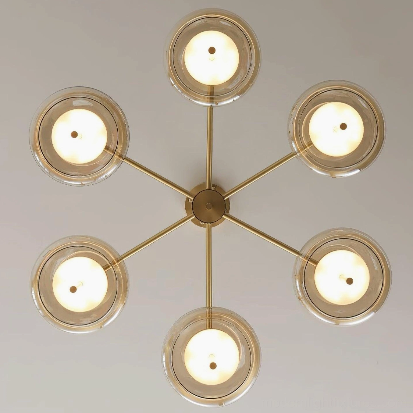Redondo 3-head brass glass chandelier front view showing sculptural atomic age design