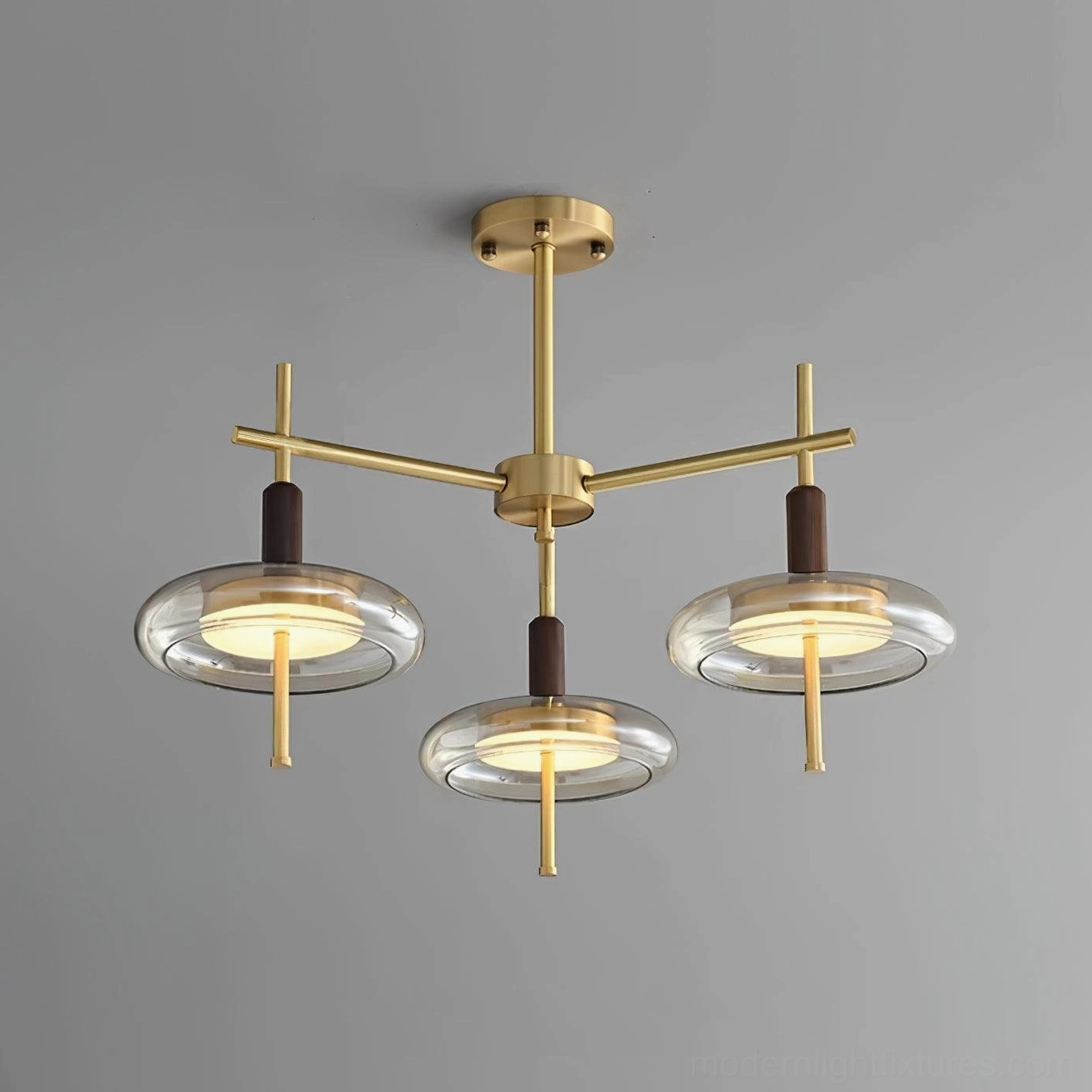 Redondo 3-head brass glass chandelier angled view in modern interior living space