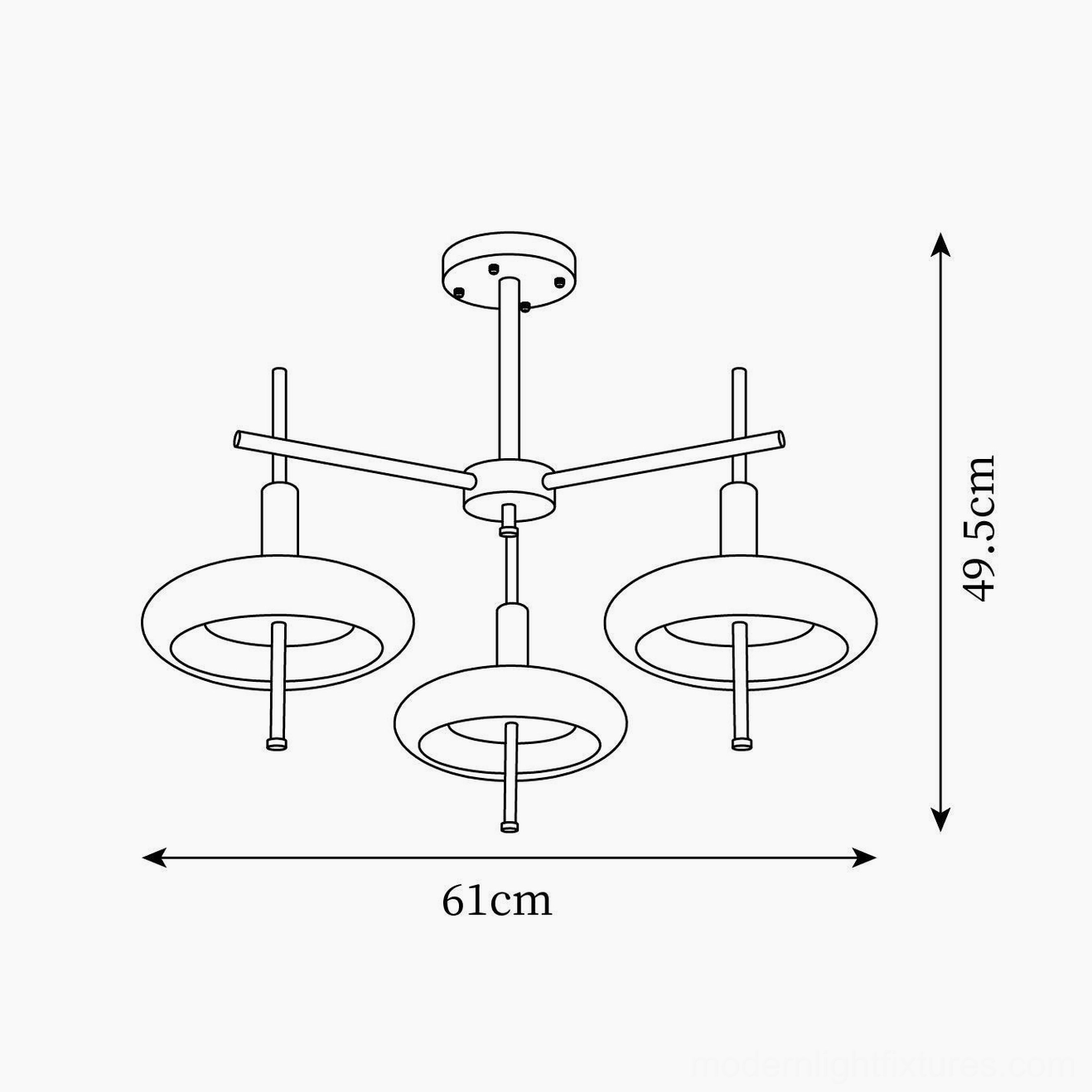 Redondo 3-head chandelier technical dimension drawing showing 61cm diameter and 49.5cm height