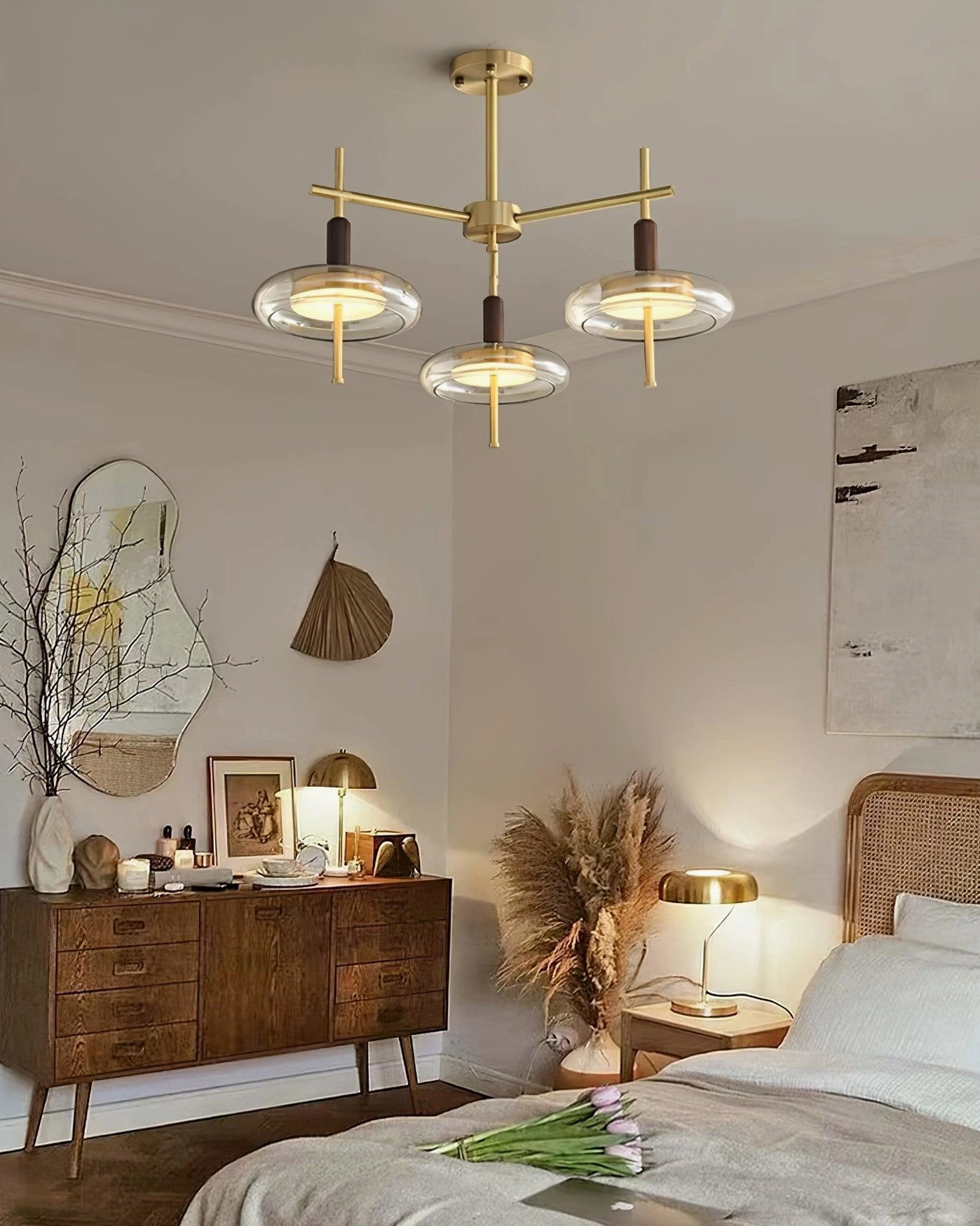 Redondo 3-head mini pendant chandelier ceiling view in neutral tone bedroom with brass frame