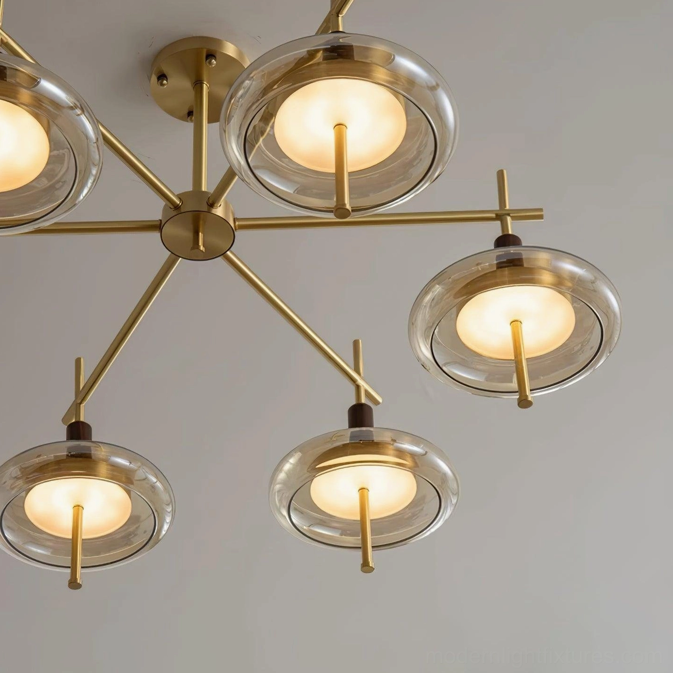 Redondo 6-head chandelier brass and amber glass shade combination variant detail