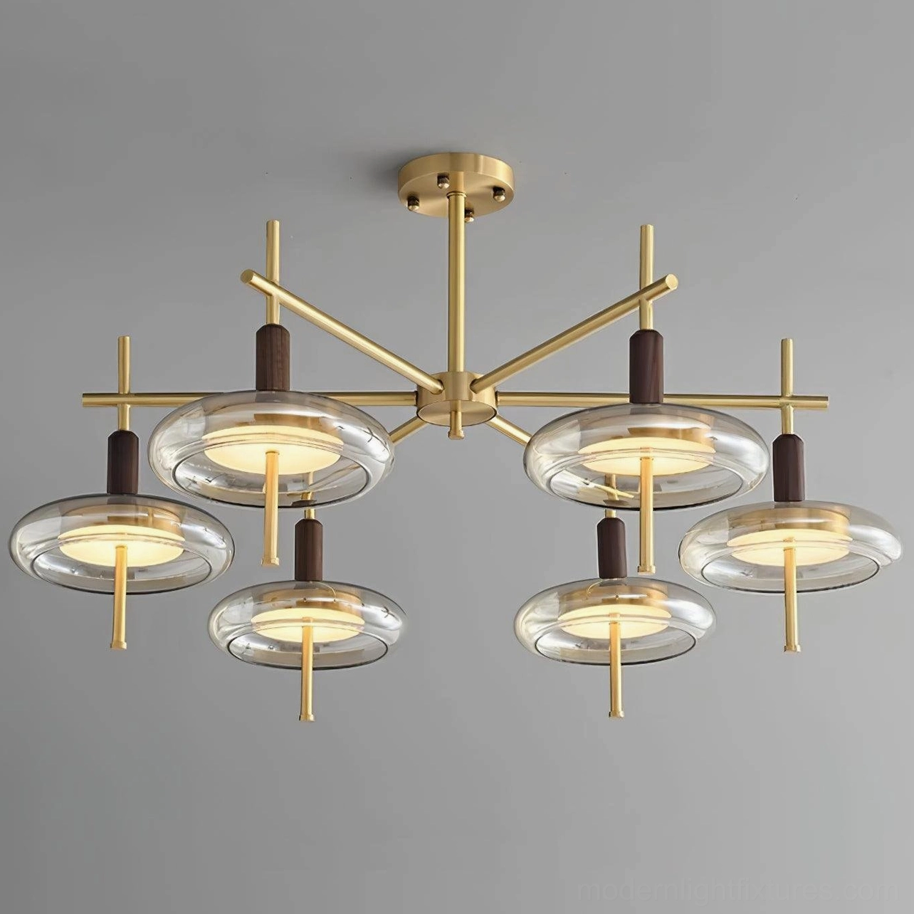 Redondo 6-head chandelier brass amber glass shade pendant in cool white or warm white LED