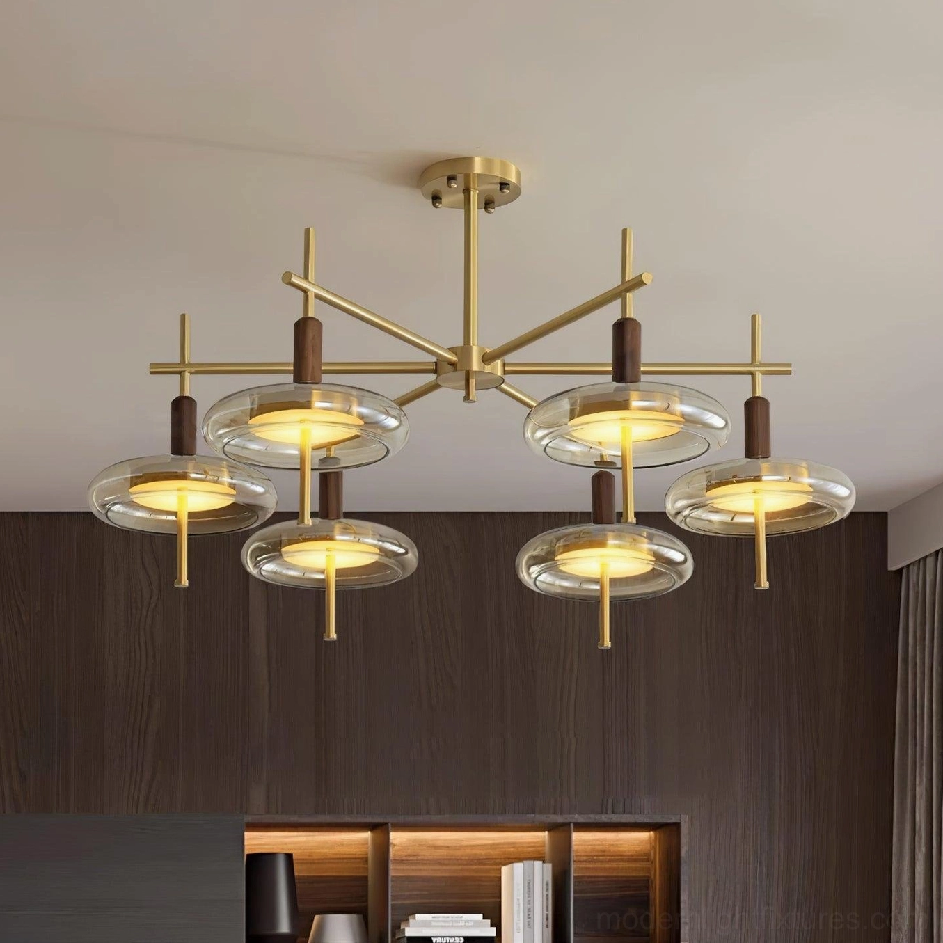 Redondo chandelier 6-head variant brass glass disc pendant in contemporary interior space