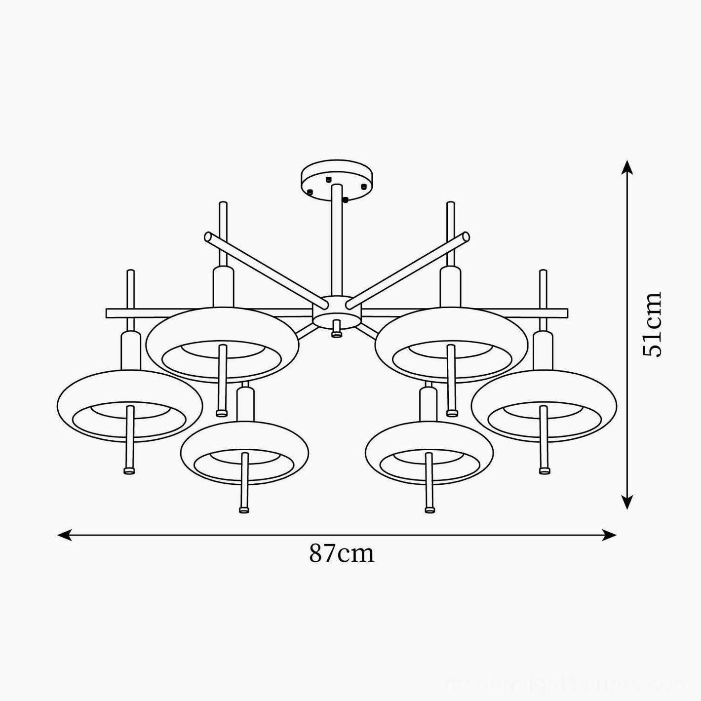 Redondo 6-head chandelier technical drawing showing 87cm diameter and 51cm height specifications