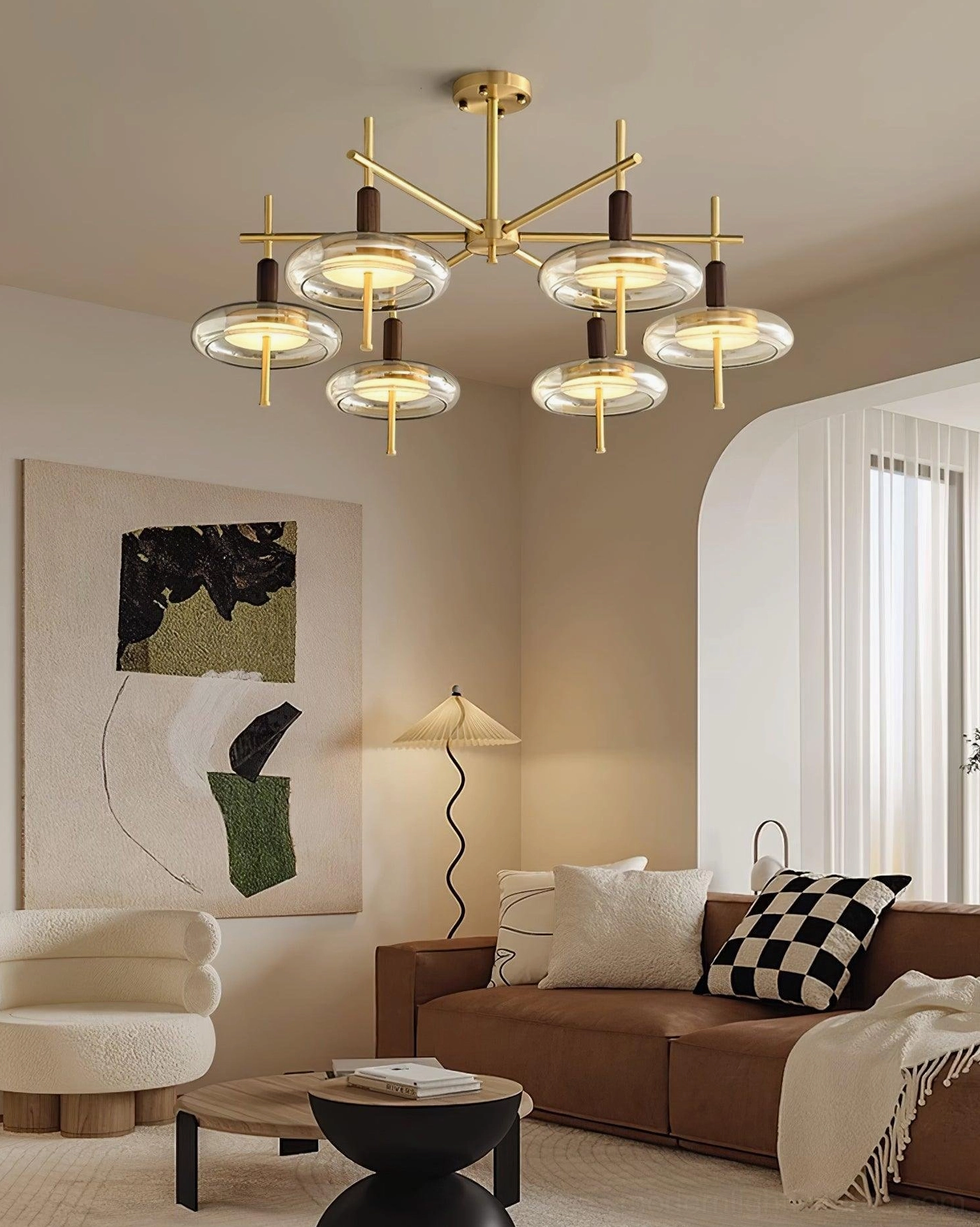 8-head Redondo brass chandelier in vintage warm tone living room with clear glass disc shades
