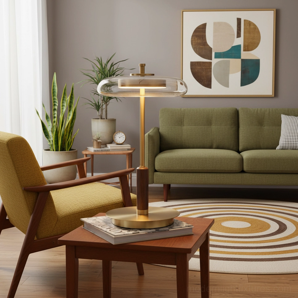 Redondo amber glass table lamp full product view with integrated LED illuminated