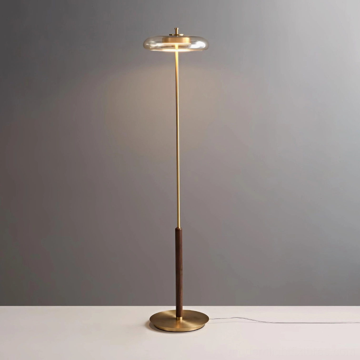 Redondo brass floor lamp with amber glass disc shade and walnut accent - available in US UK EU AU plug options