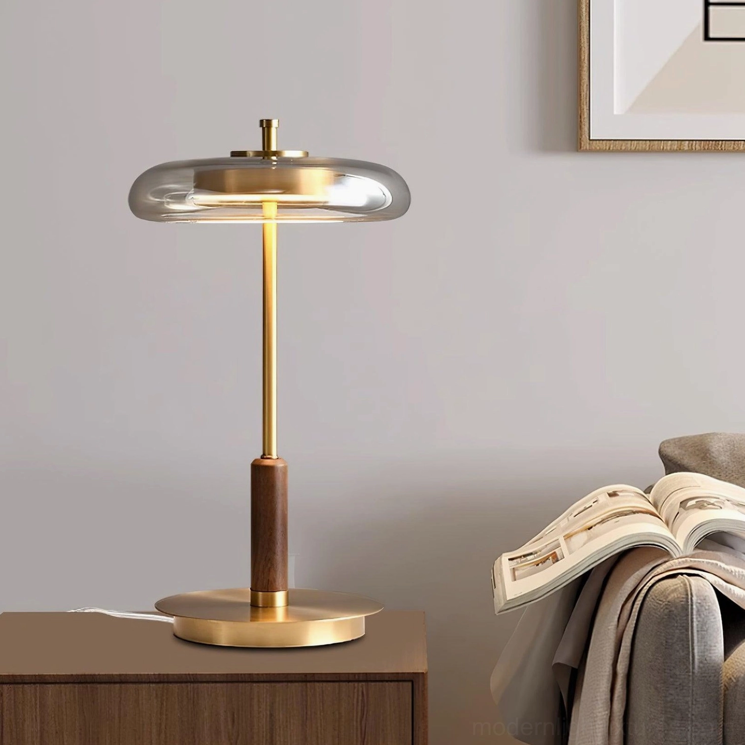 Redondo table lamp brass base patina and natural walnut wood detail