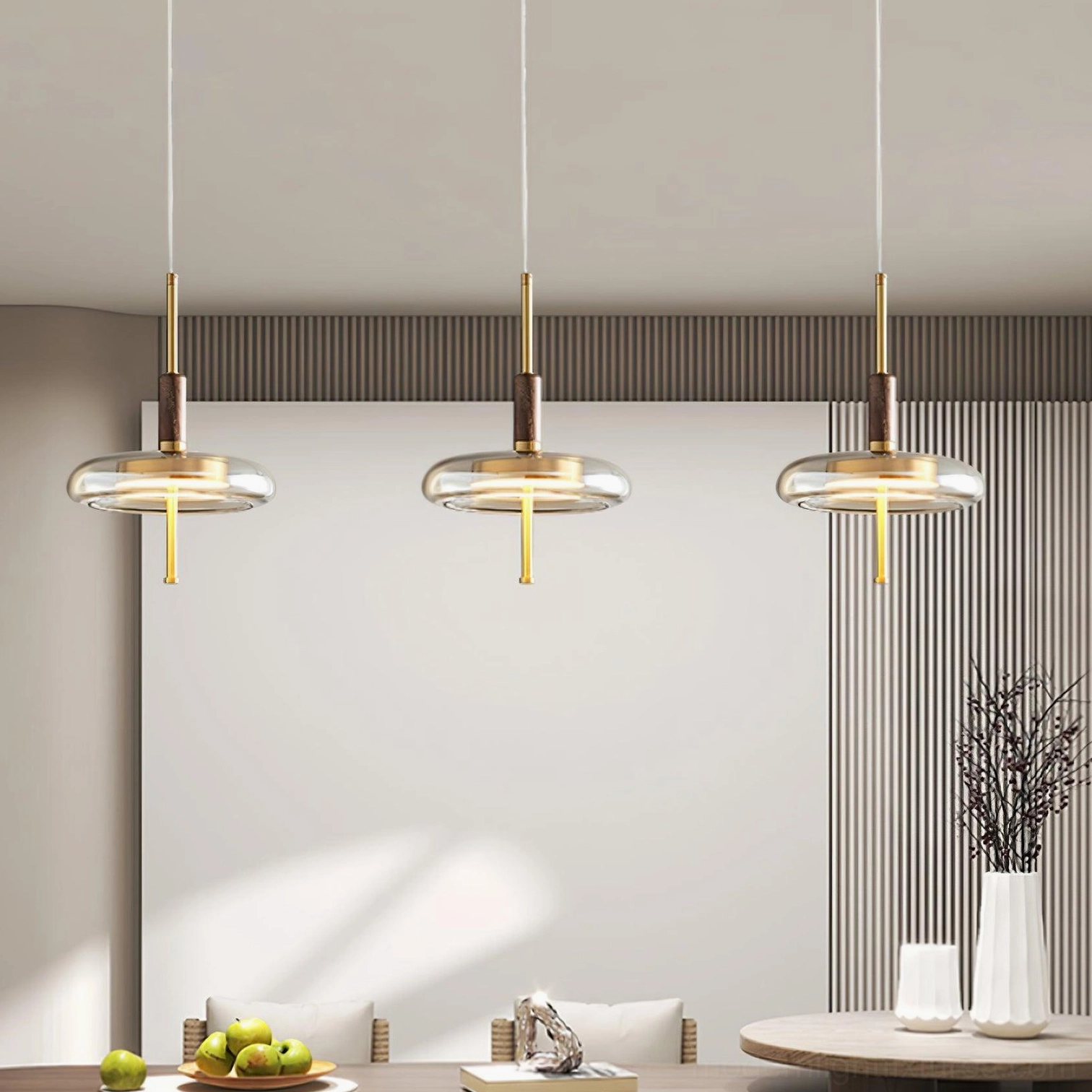 Redondo brass pendant light fixture showcasing mid-century modern design with Scandinavian minimalism influence