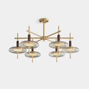 Redondo brass glass chandelier top-down view showing multi-head disc pendant design on white background
