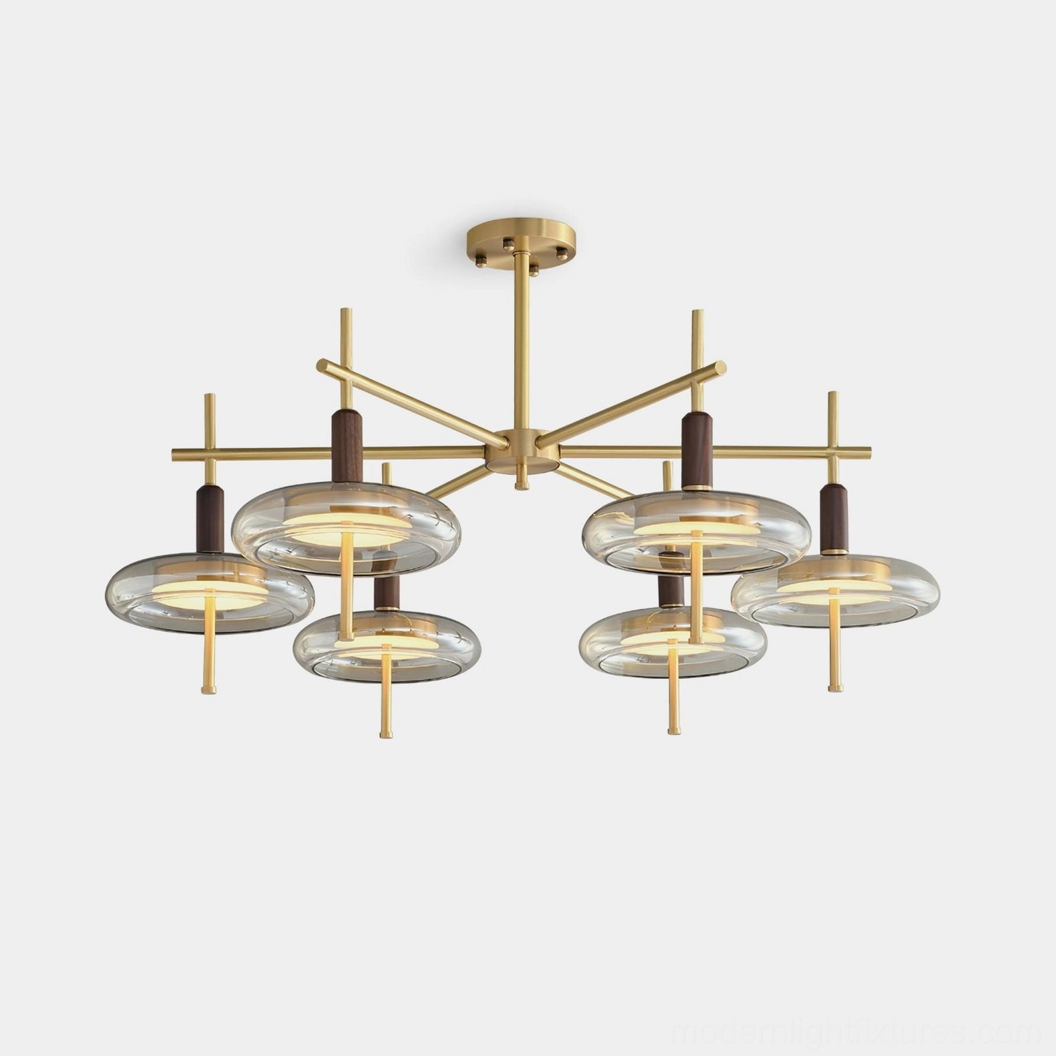 Redondo brass glass chandelier top-down view showing multi-head disc pendant design on white background