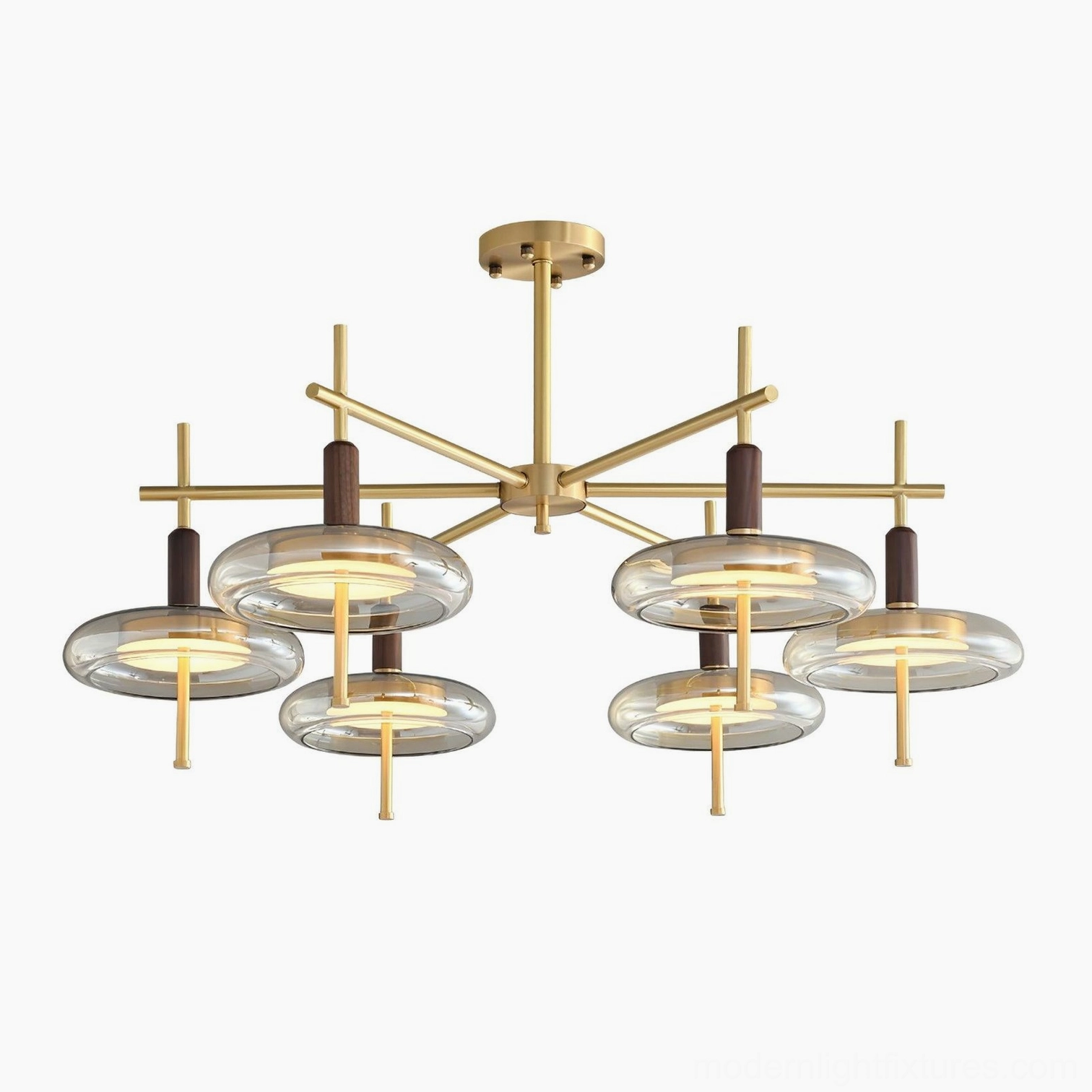 Redondo chandelier profile view highlighting brass frame construction and glass shade geometry
