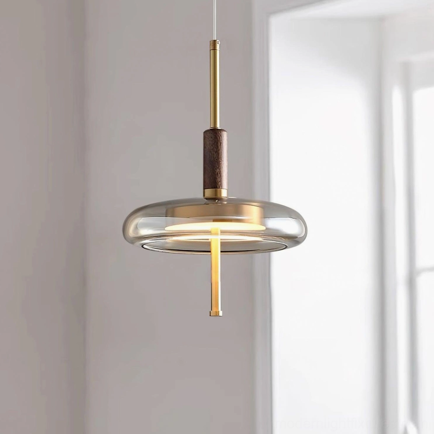 Redondo disc pendant lamp ceiling fixture detail showing suspension wire and mounting hardware