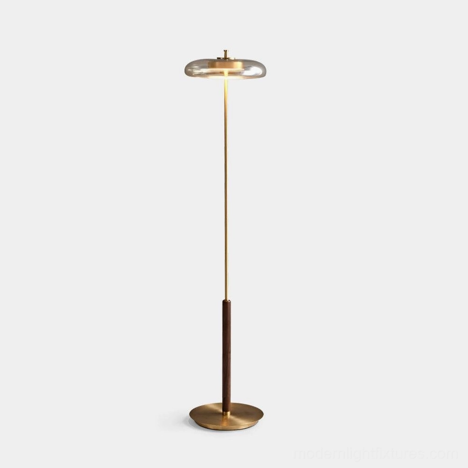 Redondo brass floor lamp with walnut disc shade on minimalist white studio background, front perspective view of modern geometric lighting design