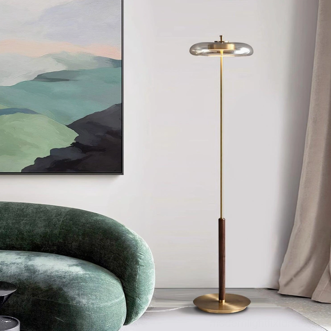 Redondo floor lamp height and proportion demonstration in furnished modern living space with contemporary furniture