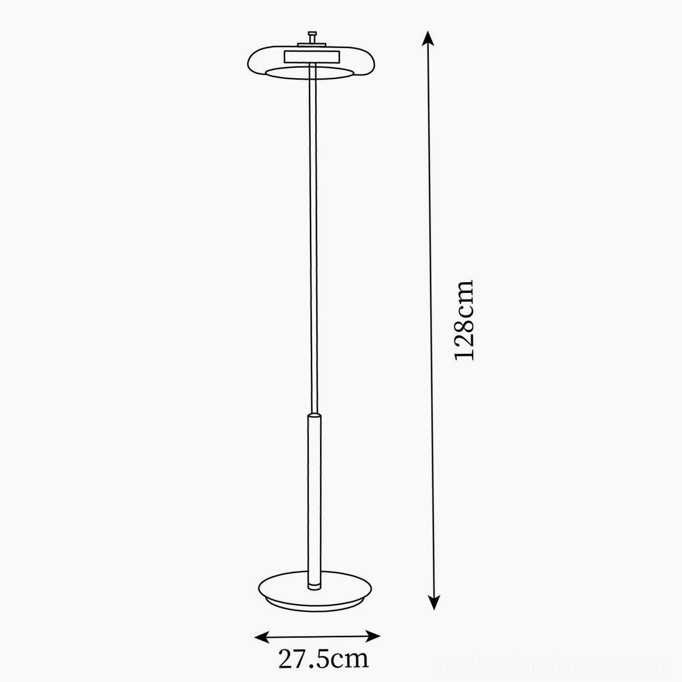 Redondo floor lamp technical specification drawing with orthographic projection showing 128cm height and 27.5cm base diameter measurements