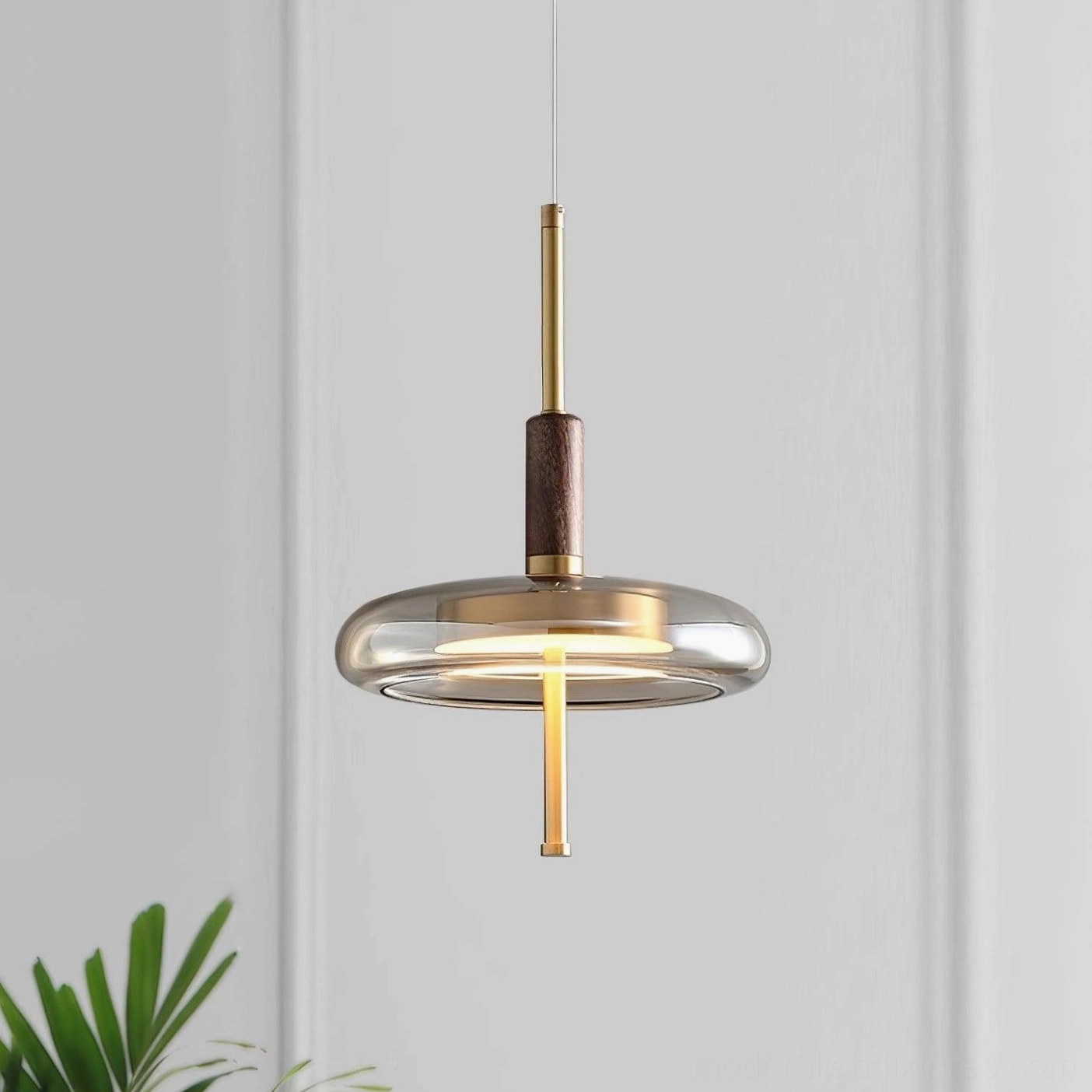 Redondo glass pendant lamp front close-up on light gray background with accent plant, polished brass and walnut details