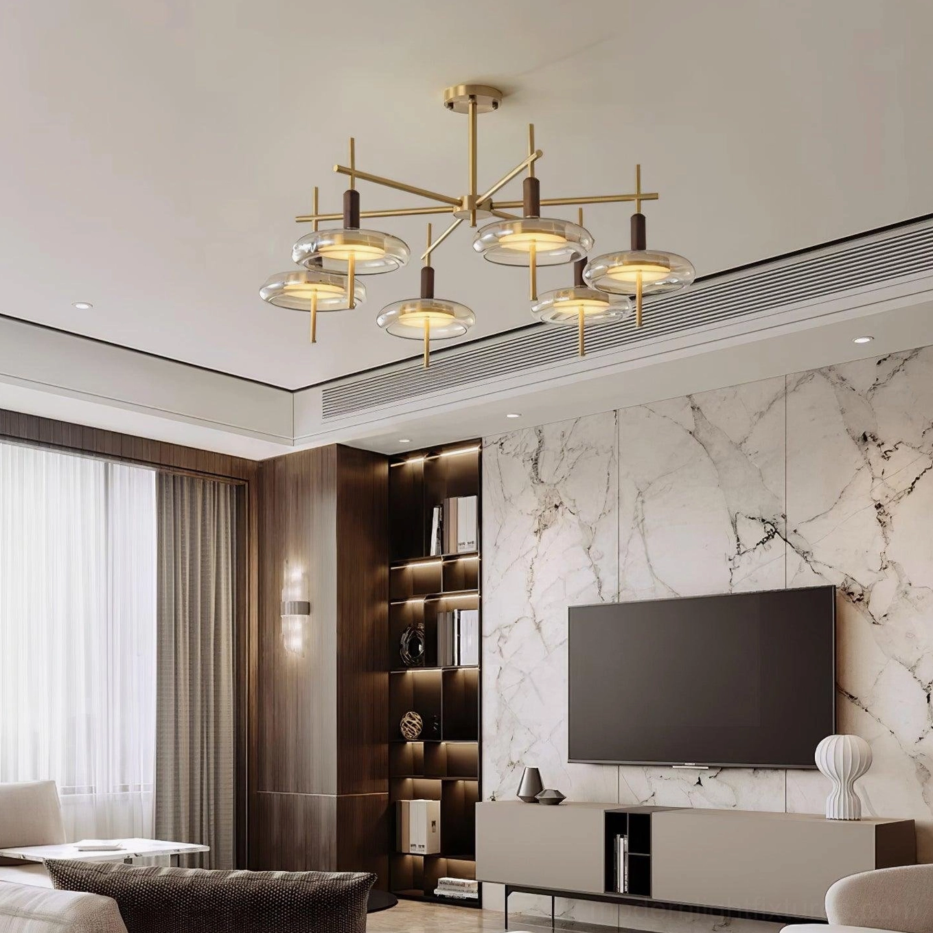Redondo chandelier fixture showing integrated LED technology and warm brass metalwork