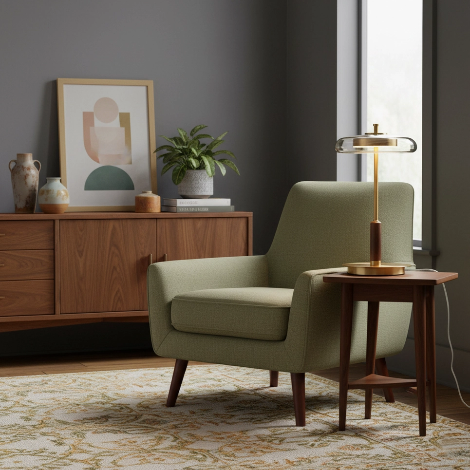 Redondo table lamp brass and walnut construction showing material quality and finish