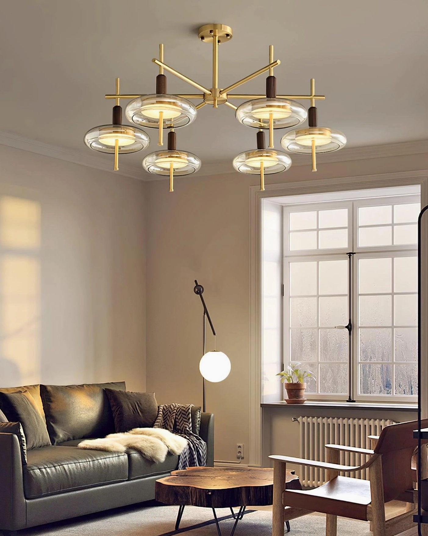 Redondo mid-century modern chandelier multi-head brass frame with clear glass shade details