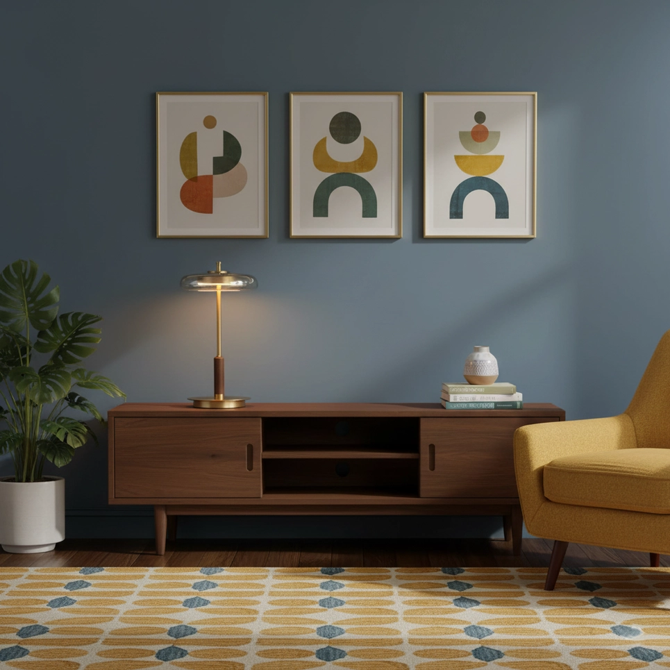 Redondo table lamp placed on TV media console in mid-century modern living room