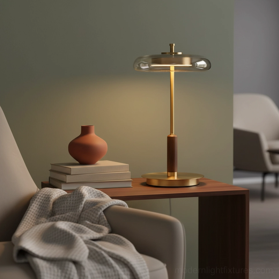 Redondo amber glass table lamp on modern living room console with warm glow lighting