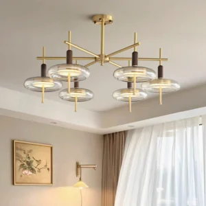 Redondo 9-head sputnik chandelier ceiling-mounted in modern neutral living room with brass gold frame