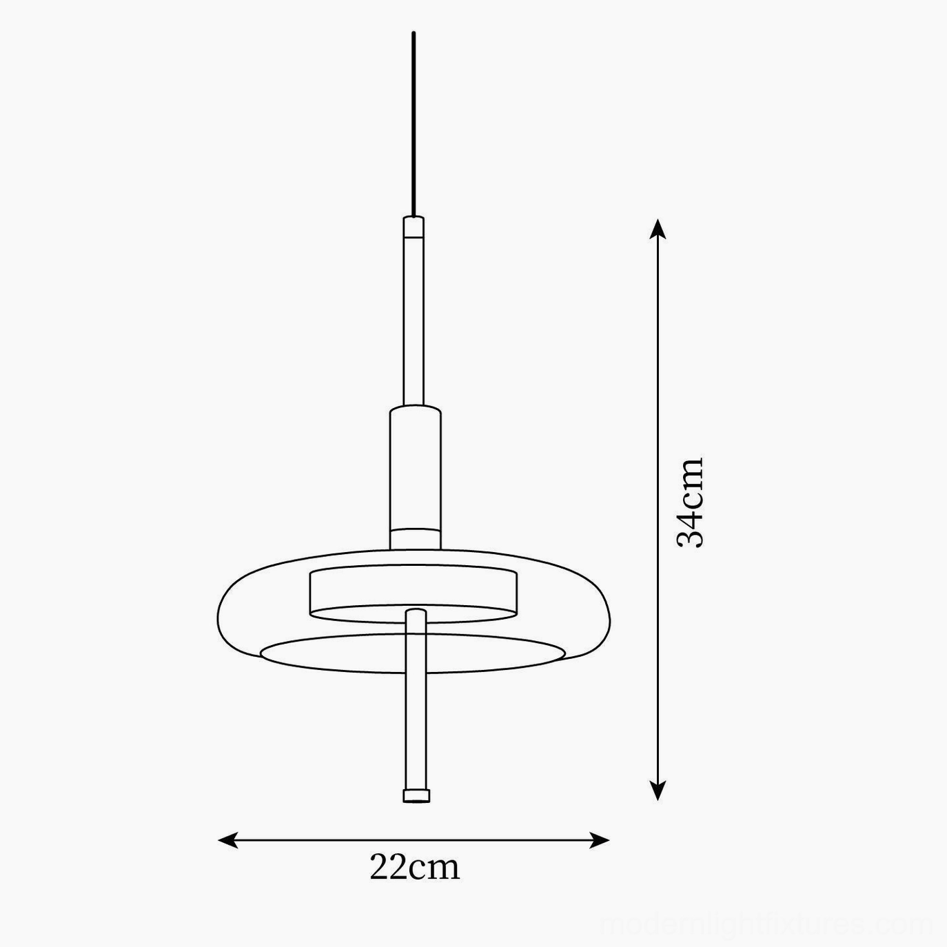 Redondo pendant light technical line drawing showing dimensions 22cm diameter by 34cm height with suspension design specifications