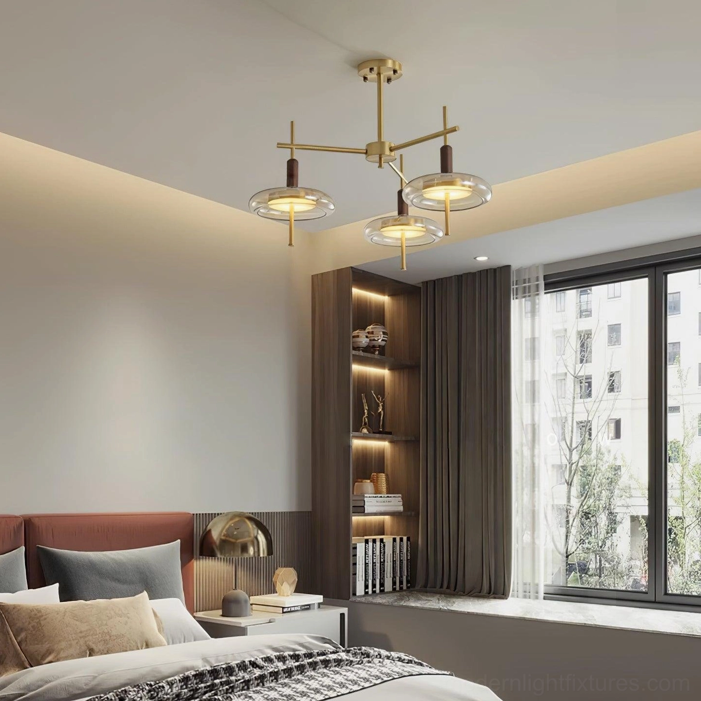 Redondo sputnik chandelier design with branching brass frame and disc pendant lights