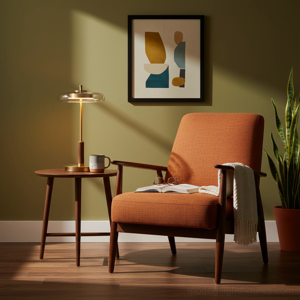 Redondo table lamp in bedroom corner with orange armchair providing warm ambient lighting