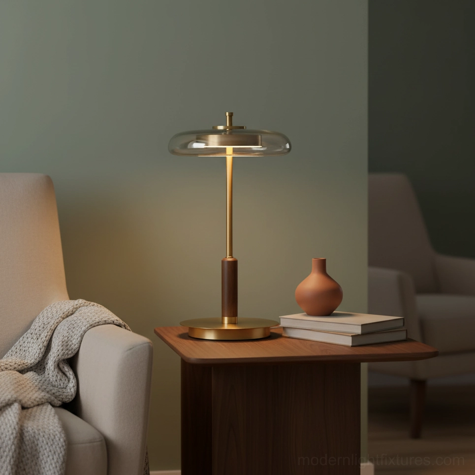 Redondo table lamp on cozy living room side table with neutral throw and wooden furniture