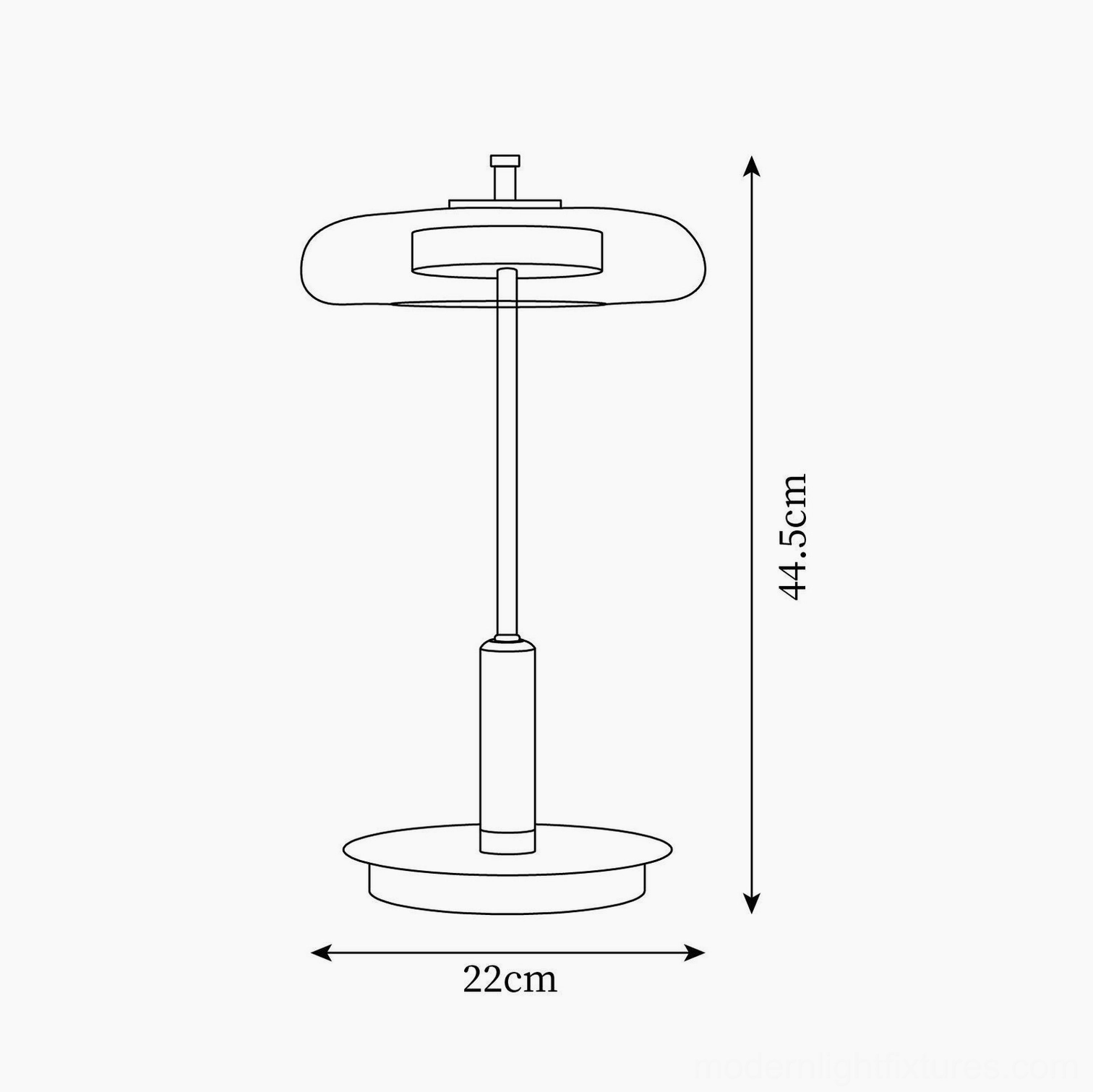 Redondo table lamp dimensions schematic showing height 44.5cm and base diameter 22cm