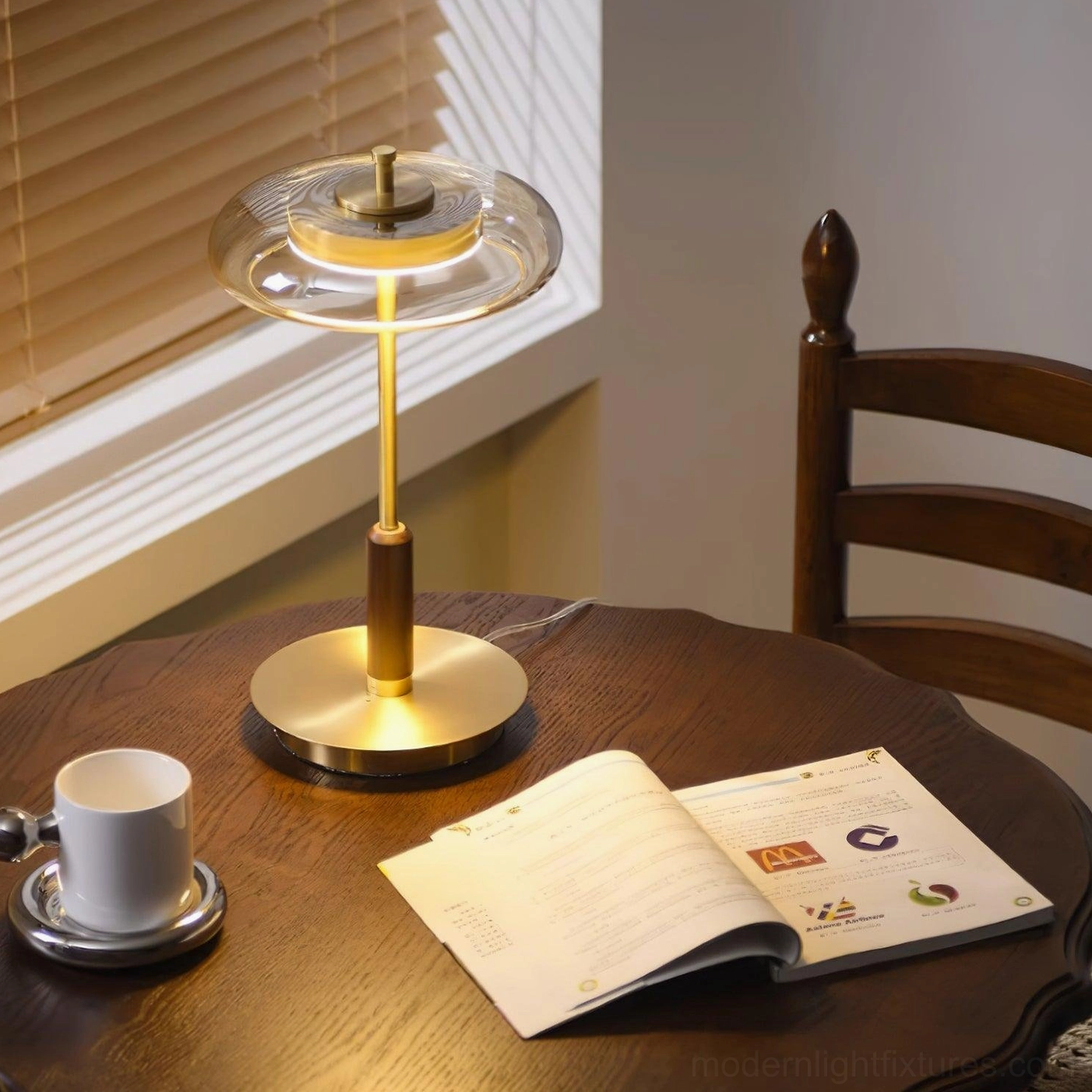 Redondo table lamp home study wooden round table with warm light beside open book
