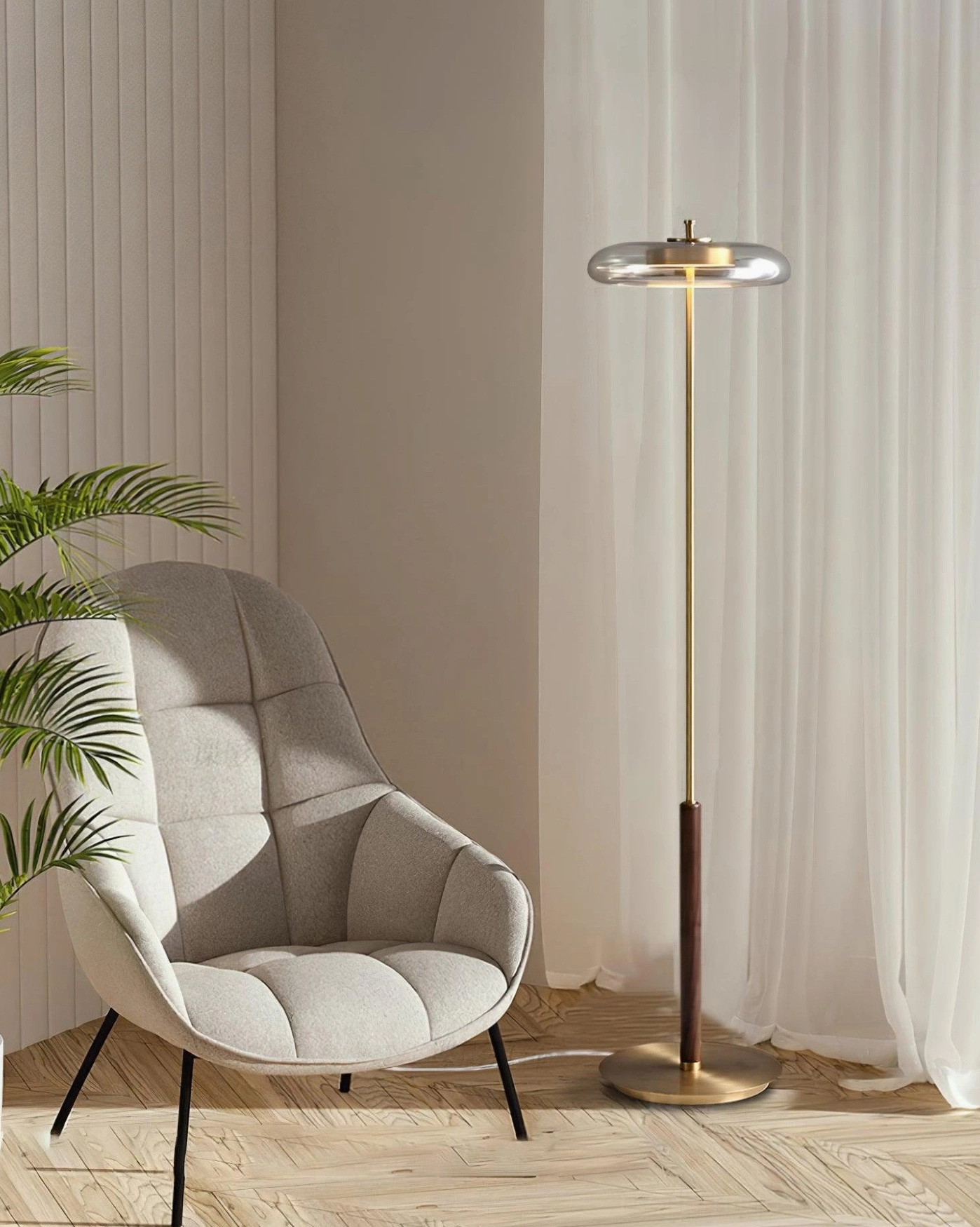Redondo walnut and brass floor lamp showing integrated LED warm white 3000K lighting performance in modern space