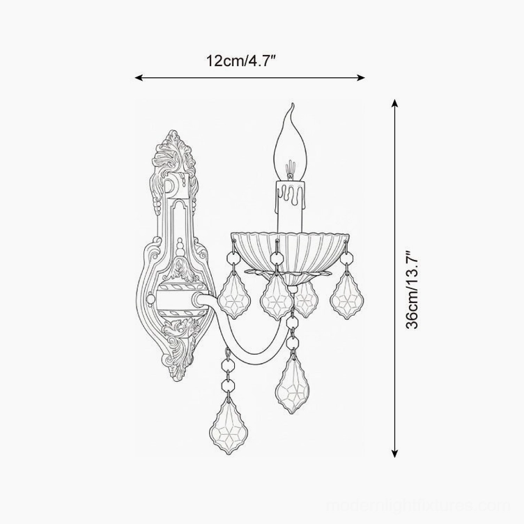 Technical orthographic blueprint of baroque crystal wall sconce with dimension annotations